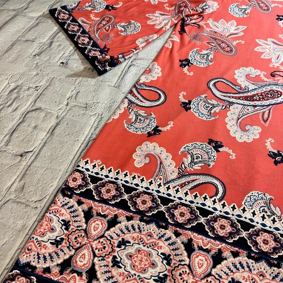 🍑 Peach Paisley Print Dress – 3/4 Bell Sleeves, Size Large Petite - Picture 3 of 6